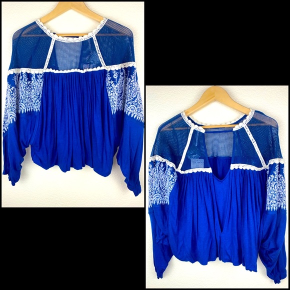 Free People Embroidered Sequin Mesh Balloon Peasant Blouse Top - Picture 10 of 13